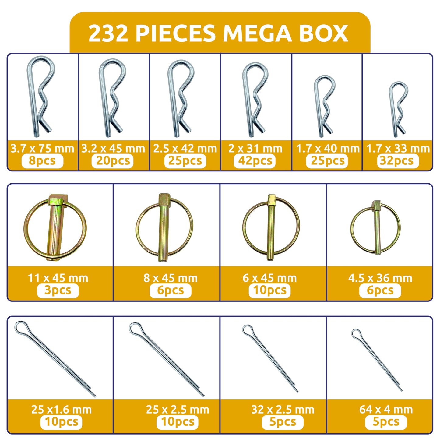 232PCS of Trailer Hitch Pins, Lynch Pins, Trailer Pins, PTO Pins, 3 Point Tractor Accessories, Cotter Pins for Trailer Accessories, Tractor Attachments, Lawn Mowers, Snow Plows, Farm Equipment