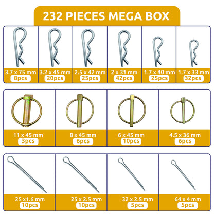 232PCS of Trailer Hitch Pins, Lynch Pins, Trailer Pins, PTO Pins, 3 Point Tractor Accessories, Cotter Pins for Trailer Accessories, Tractor Attachments, Lawn Mowers, Snow Plows, Farm Equipment