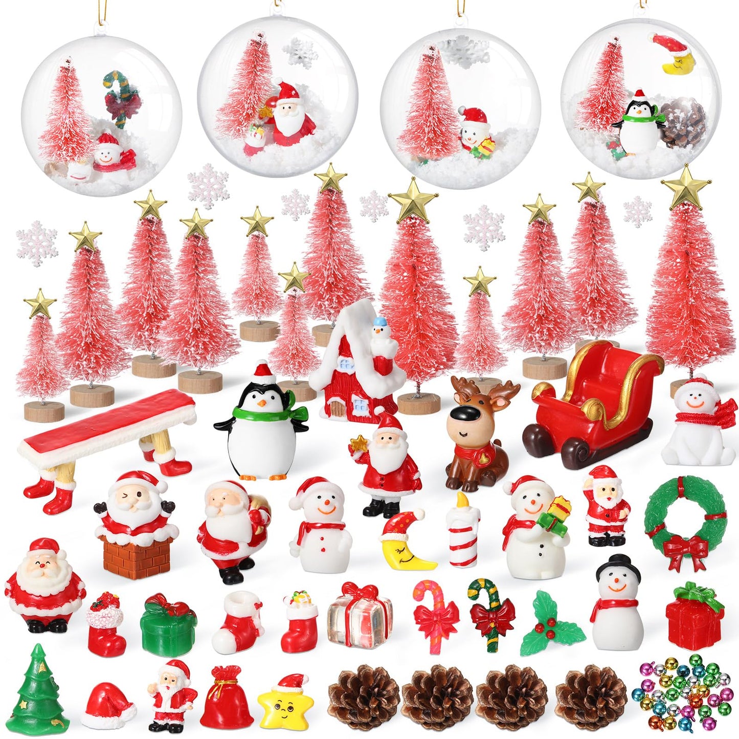 96 Pcs Miniature Ornaments for Snow Globe Kit DIY Christmas Village Decoration Christmas Figurines Mini Ornaments with Snowman Reindeer Santa Claus Snowflake(Pink)