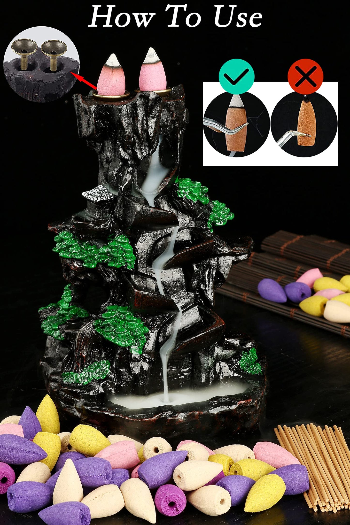 Jueison Dual Sided Mountain Backflow Incense Burner Resin Waterfall Incense Holders Cone Stick Holder with 120 Incense Cones + 30 Incense Sticks + 1 Mat + 1 Tweezers for Home Office Decor Gift
