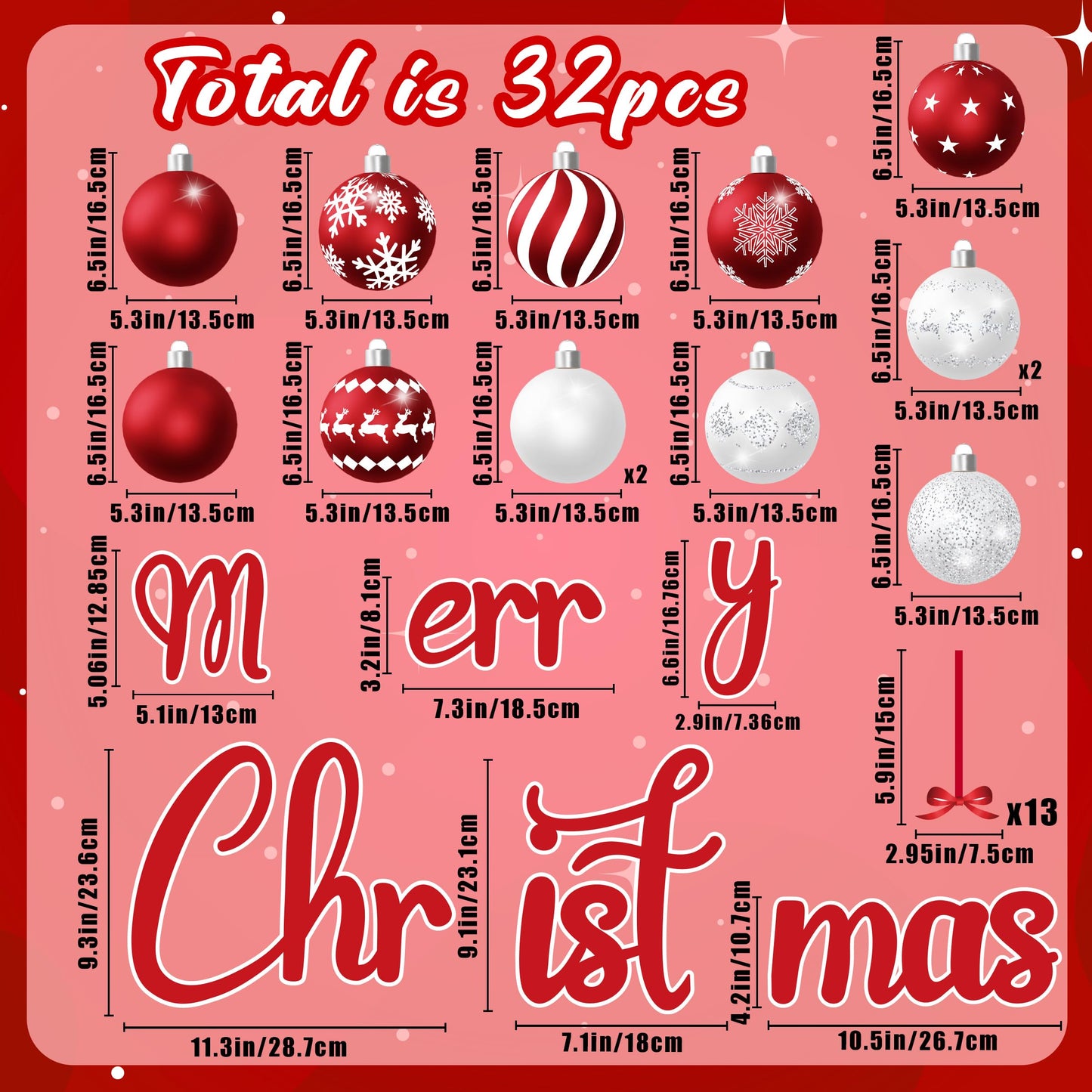 32PCS Christmas Garage Door Decorations Magnets - Merry Xmas Ball Holiday Refrigerator Fridge Kitchen Decor(Red, White)