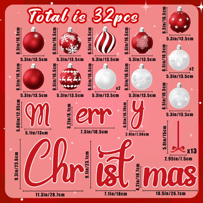 32PCS Christmas Garage Door Decorations Magnets - Merry Xmas Ball Holiday Refrigerator Fridge Kitchen Decor(Red, White)