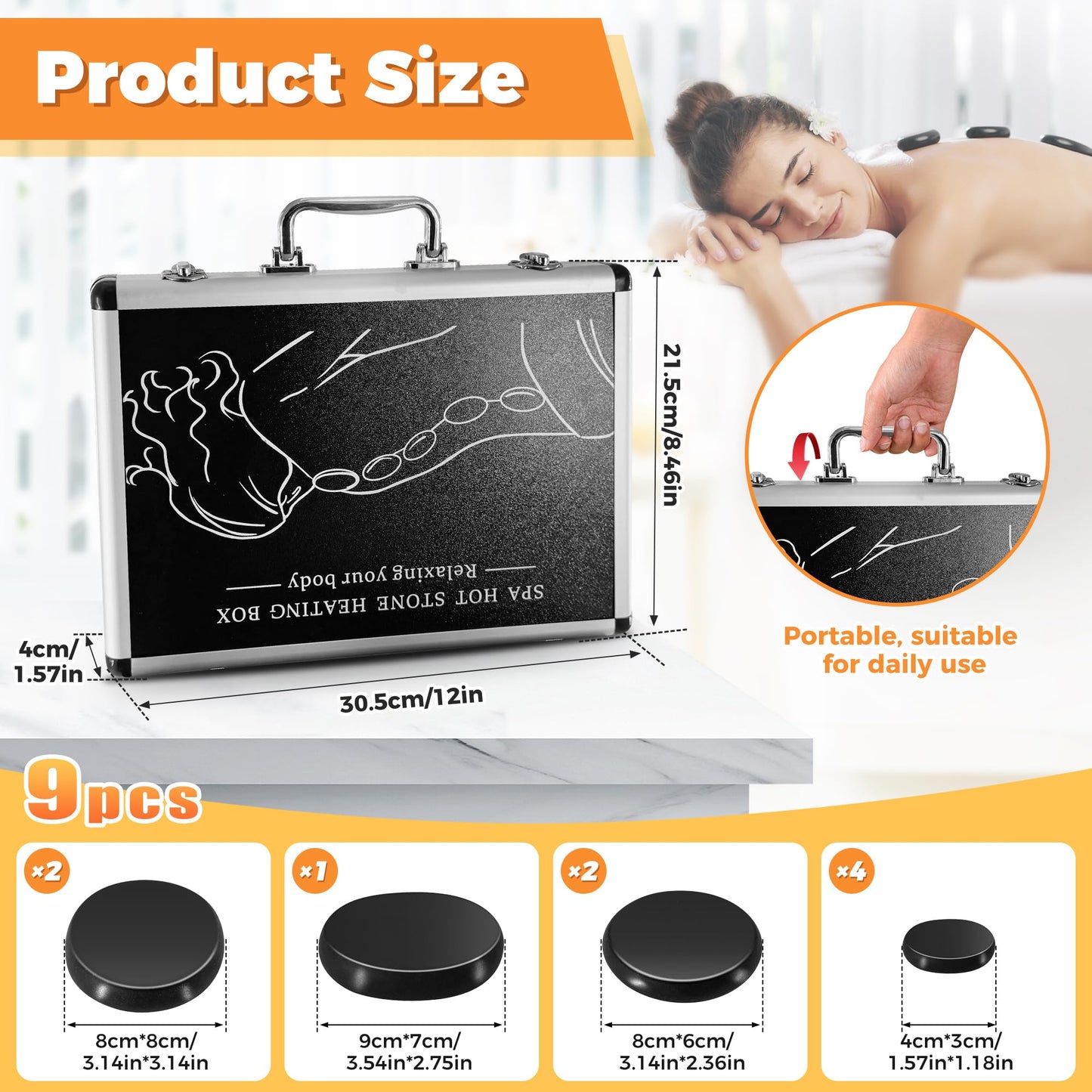Loyala Hot Stone Massage Set, Portable Hot Stones Massage Warmer Kit with Heating Box, Hot Rocks Basalt Stones with Heater for Home Spa Warming Therapy Relaxing (Black, 9 Pcs)