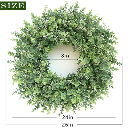 26'' Eucalyptus Wreath for Front Door - Large Artificial Eucalyptus Leaves with White Seeds Greenery Outdoor Wreath for Porch,Window,Farmhouse,Home,Hanging Decor- Spring, Summer, All Seasons (Green) ﻿