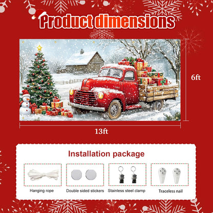 HOMETITUTE Christmas Garage Door Banner 13x6ft Red Truck Christmas Tree Snowman Barn Theme Backdrop Banners for Outside Inside Winter Door Cover Garage Wall Covering for Party Garage Decorations