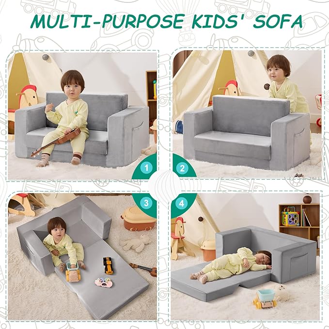 Kids Couch, 2-in-1 Toddler Chair Comfy 1-3 Years, Convertible Kids Chair