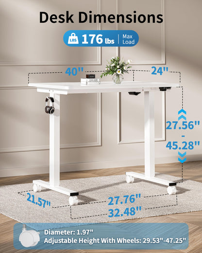 Okin Electric Standing Desk, 40 x 24 Inches Whole Piece Height Adjustable Desk, White Sit to Stand Desks Computer Workstation with Wheels for Home Office