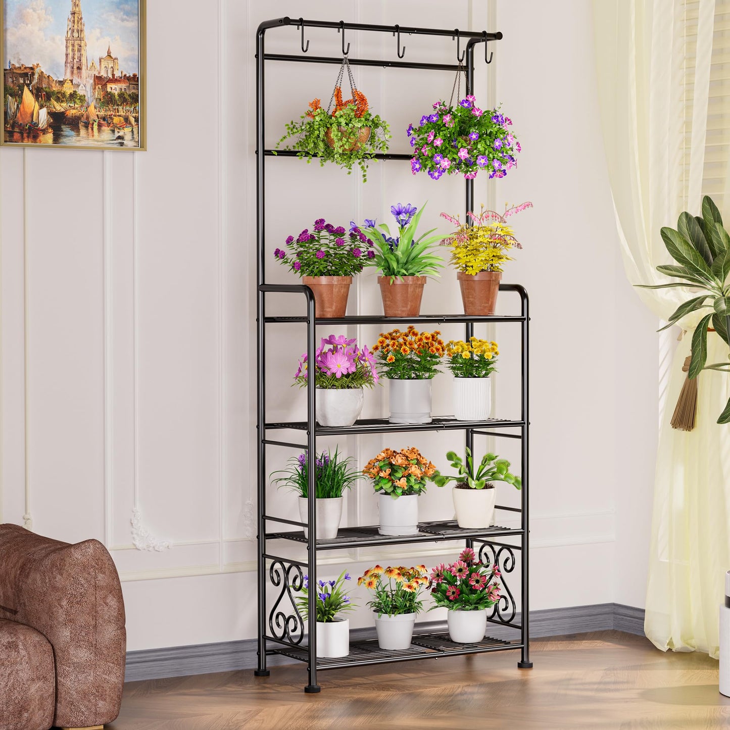 Plant Stand Indoor Outdoor Heavy Duty Metal - 68.4" Tall 4-Tier Shelf for Multiple Plants, Flowers, Rustproof Black Storage Rack for Patio, Balcony, Living Room, Garden, Includes Hooks&Adjustable Feet