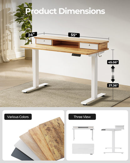 TENKIA 55x24 Inch Electric Standing Desk with Double Drawers, Adjustable Feet & Hooks, Ergonomic Home Office Workstation, Light Rustic