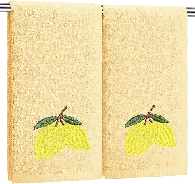 2 Pcs Lemon Hand Towels Lemon Yellow Bathroom Decor 14x29 Inch Embroidered 100%