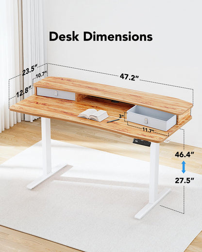 HUANUO 48″ x 24″ Electric Standing Desk with 2 Drawers, C-Clamp Mount Compatible, Height Adjustable Computer Desk, Home Office Stand Up Desk with 4 Preset Heights & 2 Hooks, Light Vintage