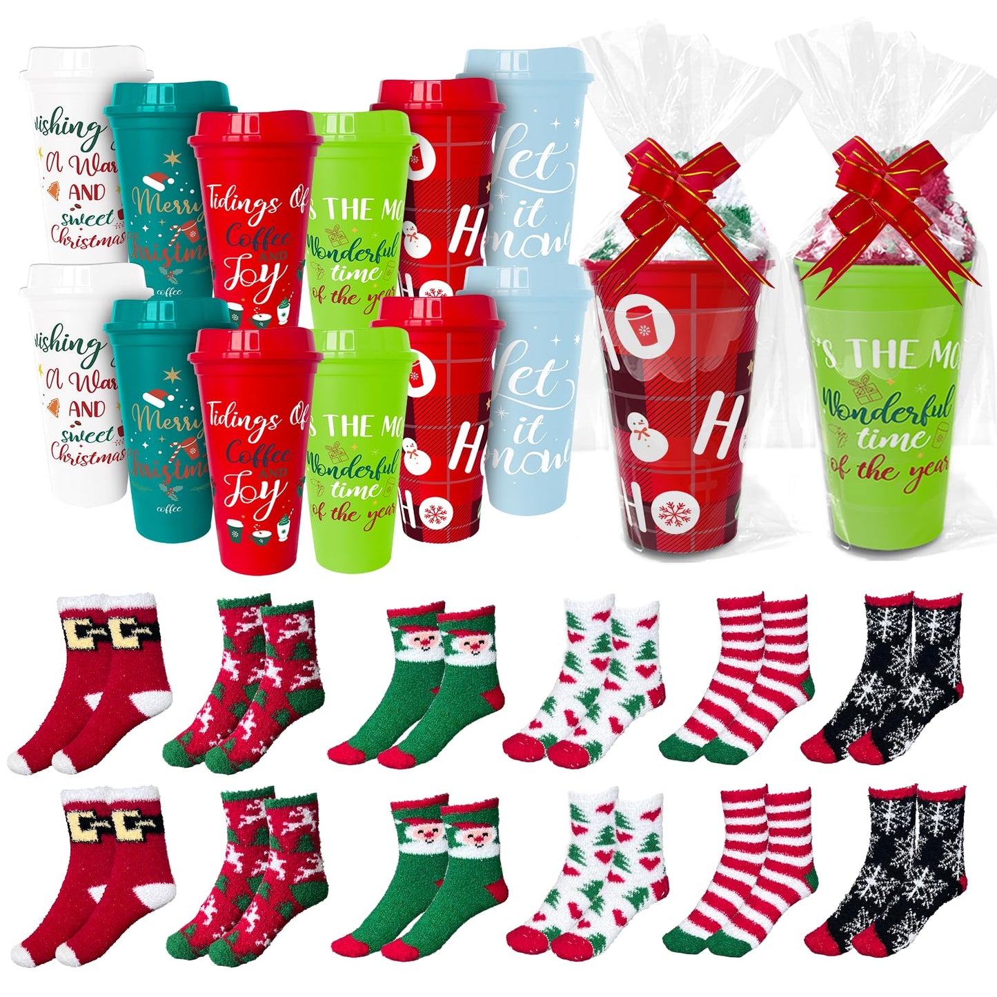 36 Pcs Christmas Bulk Gifts for Coworkers Funny Christmas Cupcake Fuzzy Socks for Women Include 12 Fluffy Socks 12 Coffee Cup 12 Pull String Bows 20 Bag for Winter Xmas Birthday Holiday DIY Gift Bulk