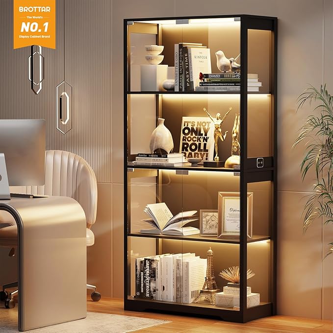 BROTTAR Display Cabinet with Glass Doors, 4-Tier Curio Cabinet with 3 Color