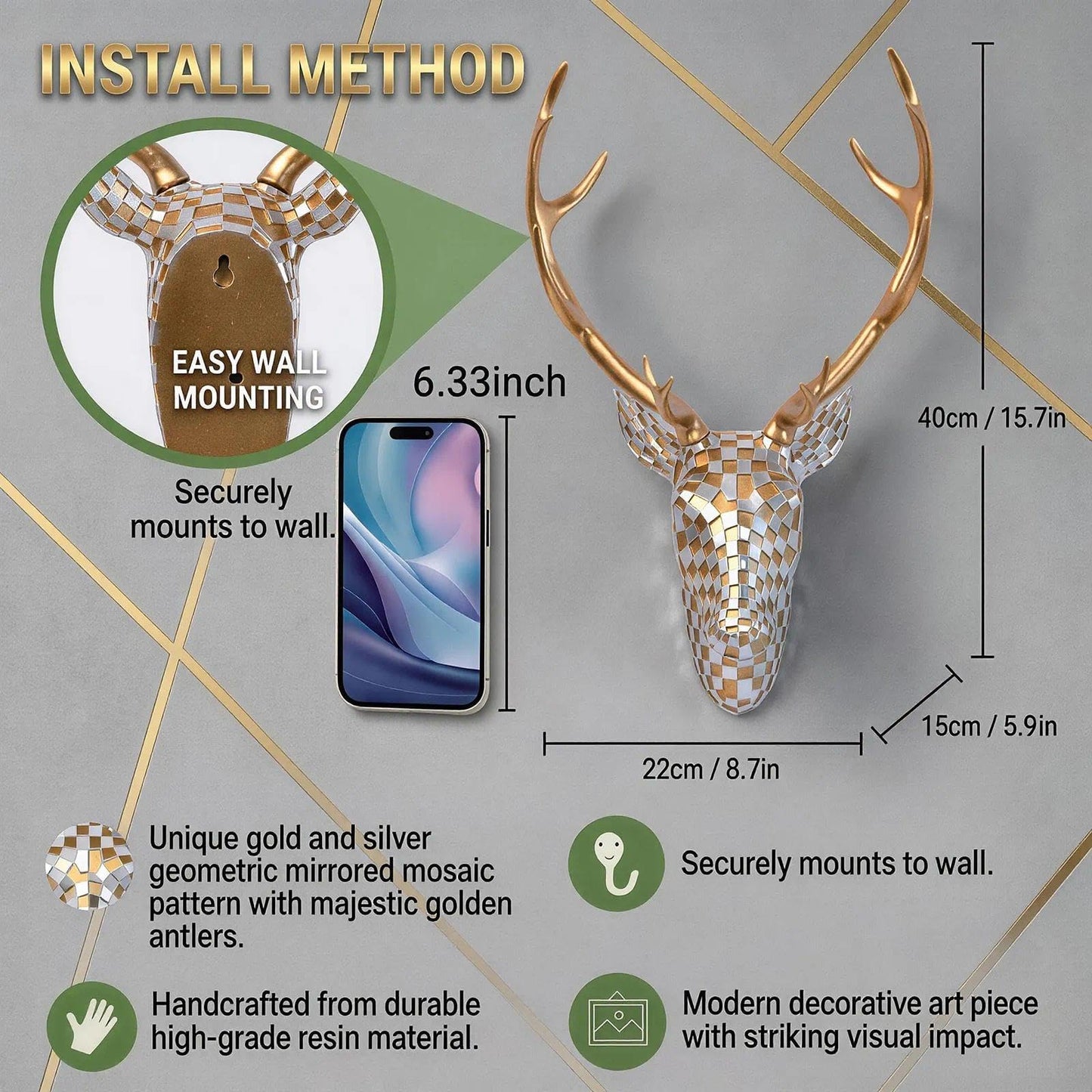 GIGICICI Mosaic Deer Head Wall Decor 15.7x8.7 Inch, Artistic Faux Resin Animal Head Wall Sculpture Hanging for Living Room Bedroom Kitchen Office, Gold-Silver Gift
