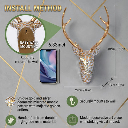GIGICICI Mosaic Deer Head Wall Decor 15.7x8.7 Inch, Artistic Faux Resin Animal Head Wall Sculpture Hanging for Living Room Bedroom Kitchen Office, Gold-Silver Gift
