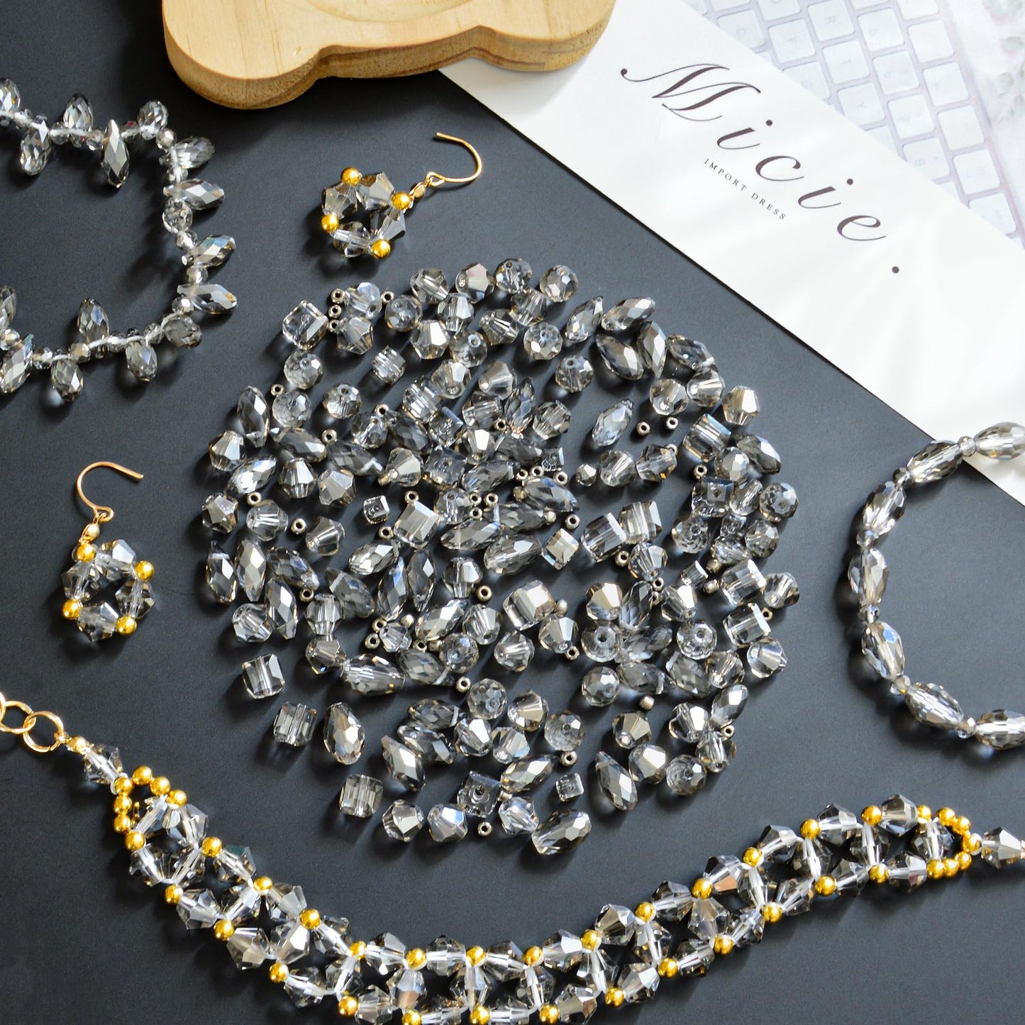Laopottbeads 1500 Pcs Crystal Glass Beads for Jewelry Making – 12 Styles Bicone, Rondelle, Cube, Teardrop & 3mm Spacer Beads, DIY Bracelet Necklace Earring Craft Kit with Organizer Box(Grey)