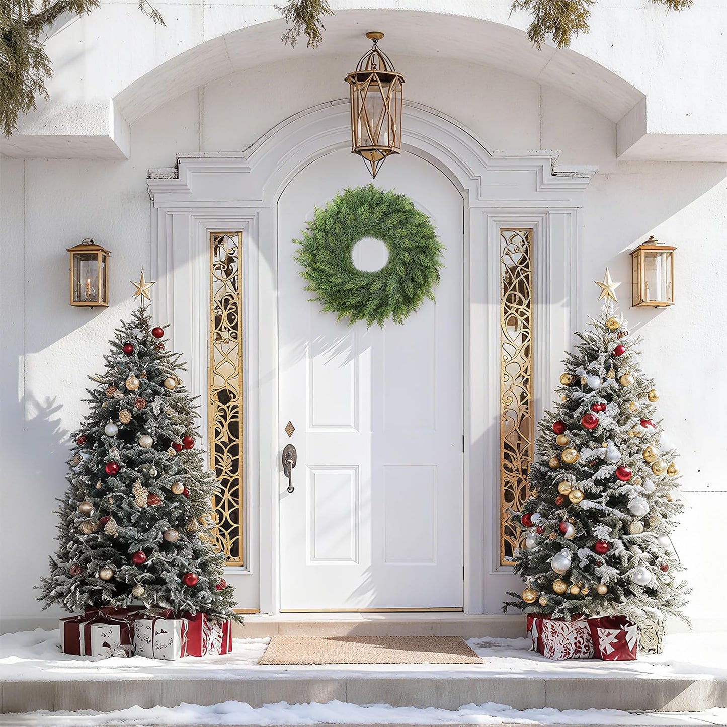 MEUIS Small Greenery Cedar Wreath - 22" Artificial Real Touch Wreath for Front Door Windows Outdoor Indoor Decor Weatherproof Traditional Holiday Decorations