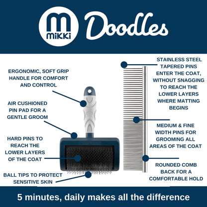 Mikki Dog Puppy Stainless Steel Comb and Hard Pin Slicker Brush, for Cockapoos, Labradoodles, Cavapoos and Golden Doodles - Starter Set 2pcs, Blue, Grey,Small
