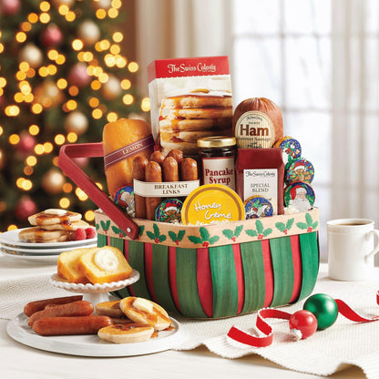 The Swiss Colony Holly Breakfast Basket Apple Cinnamon Pancake Mix, Maple Ham Summer Sausage Meats, Lemon Bread, Coffee, Holiday Gift Set, Breakfast Gift Basket for Adults