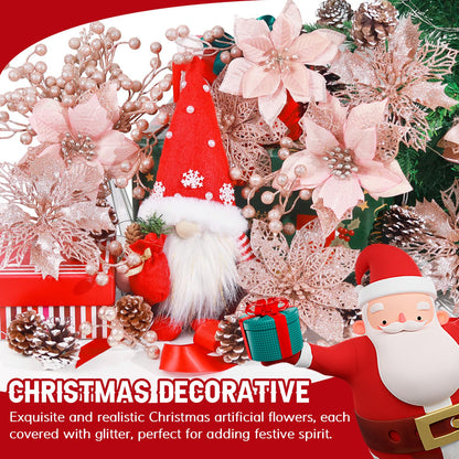 56 Pcs Christmas Decorations, 4 Styles Poinsettias Artificial Christmas Flowers Glitter Berries Stems Ornaments Tree with Pine Cones & Stems for Xmas Wedding DIY Wreath Floral Party (Rose Gold)