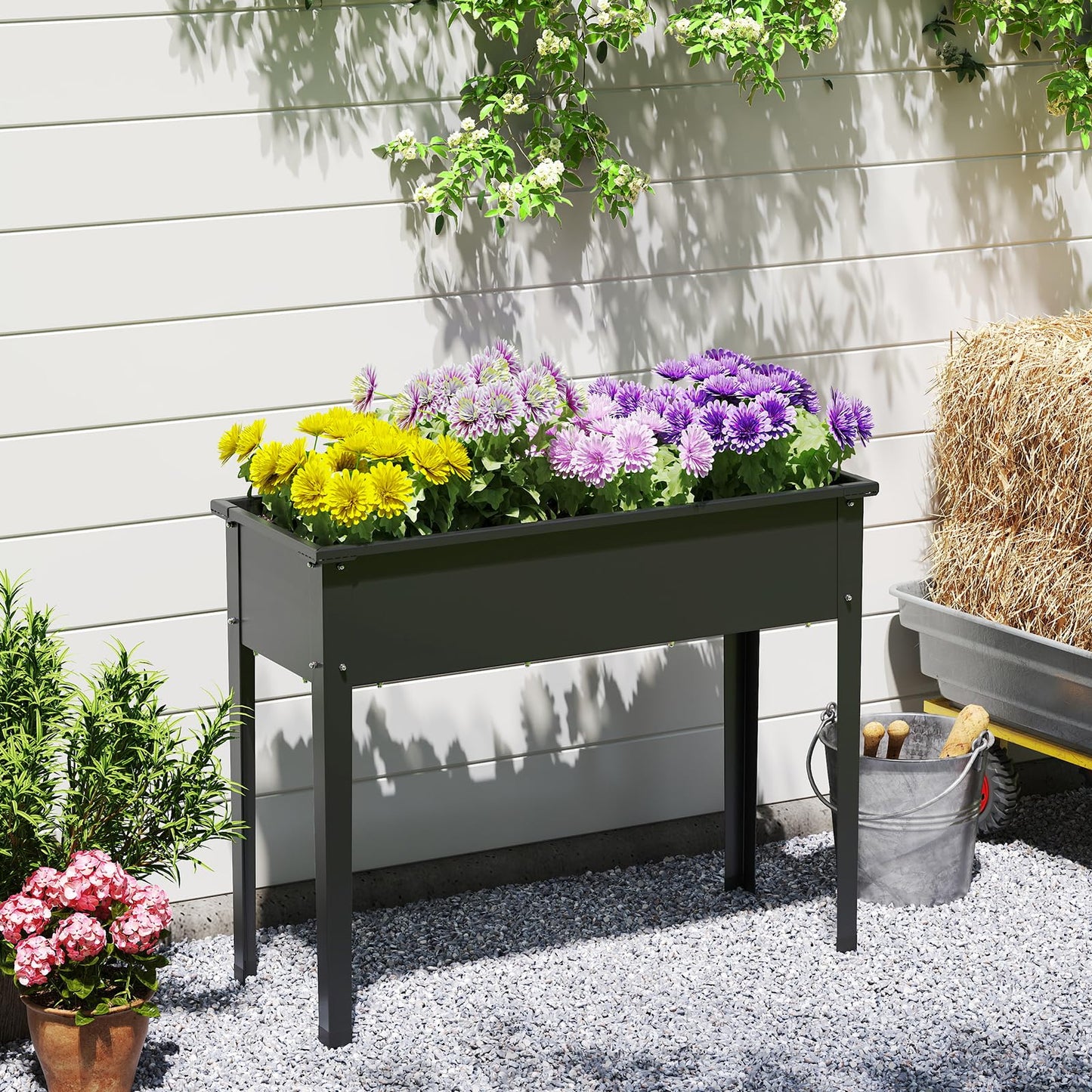HAPPYGRILL Raised Garden Bed, Metal Elevated Planter Box w/Legs, Drainage Holes for Growing Vegetables Fruits Flowers, Indoor Outdoor Standing Plant Container for Backyard Patio (Black, 40”x16”x32”)