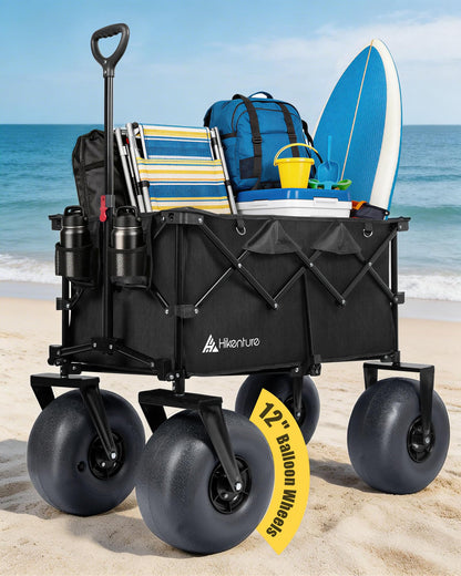 Hikenture Beach Wagon with 12" Balloon Wheels, Upgraded PU Tires Collapsible Wagon, 500lbs Heavy Duty Beach Cart for Sand, Large Capacity Foldable Utility Wagon for Family Outings