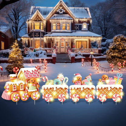 Marsui 4 Pcs Christmas Train Decoration Yard Sign with 4 LED Light Lawn Sign Christmas Pink Gingerbread Candy Gift Box Train Set with 8 Stake for Xmas Garden Outdoor Holiday Party Decor