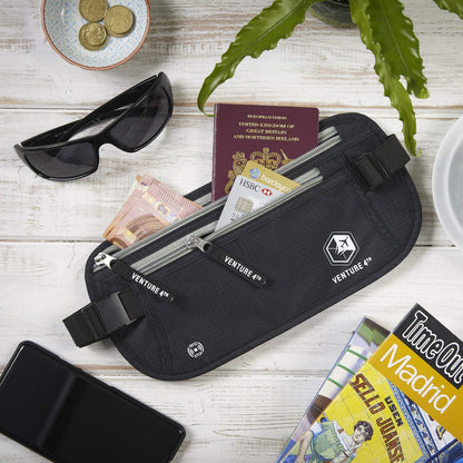 VENTURE 4TH Travel Money Belt - Slim Passport Holder RFID Blocking Travel Pouch to Protect Cash, Credit Cards and Travel Documents (Black)