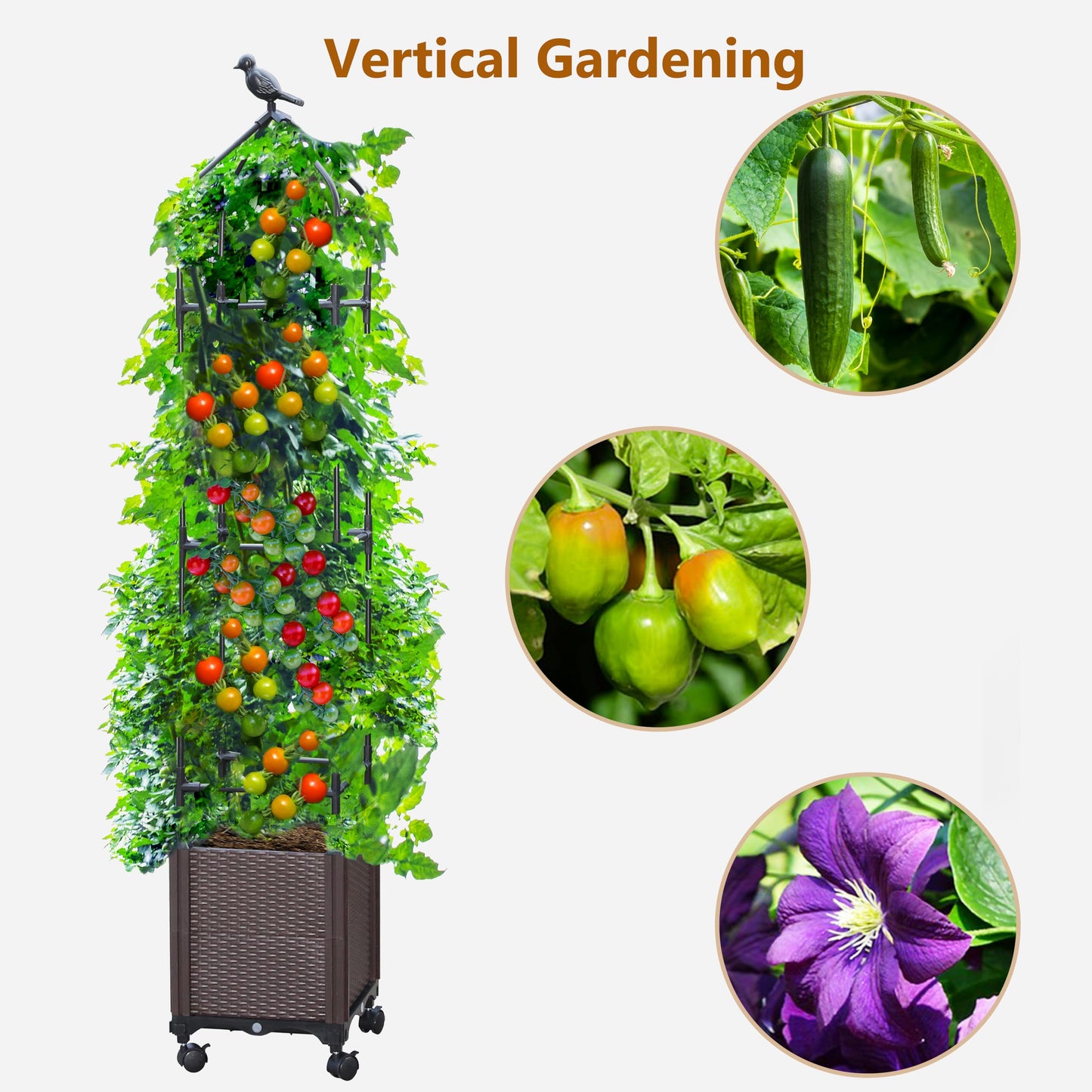 Sunnyglade 2 PCS Raised Garden Bed Planter Box with Trellis, 63" Tall Outdoor Tomato Planters for Climbing Vegetables Flowers Vine Plants, Tomato Cage with Wheels (2)