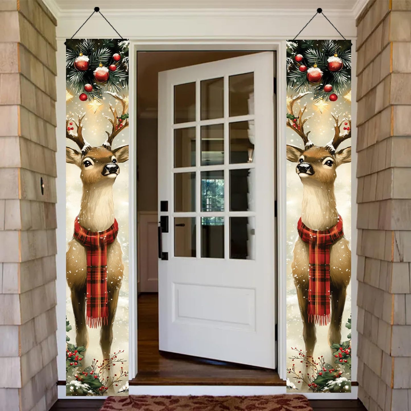 Saoplasa 2PCS Christmas Porch Banner Reindeer with Scarf Vertical Hanging Decorations for Front Door Outdoor Winter Holiday Welcome Sign Plaid Deer Wall Decor Xmas Entryway Background 71 x 12 Inch