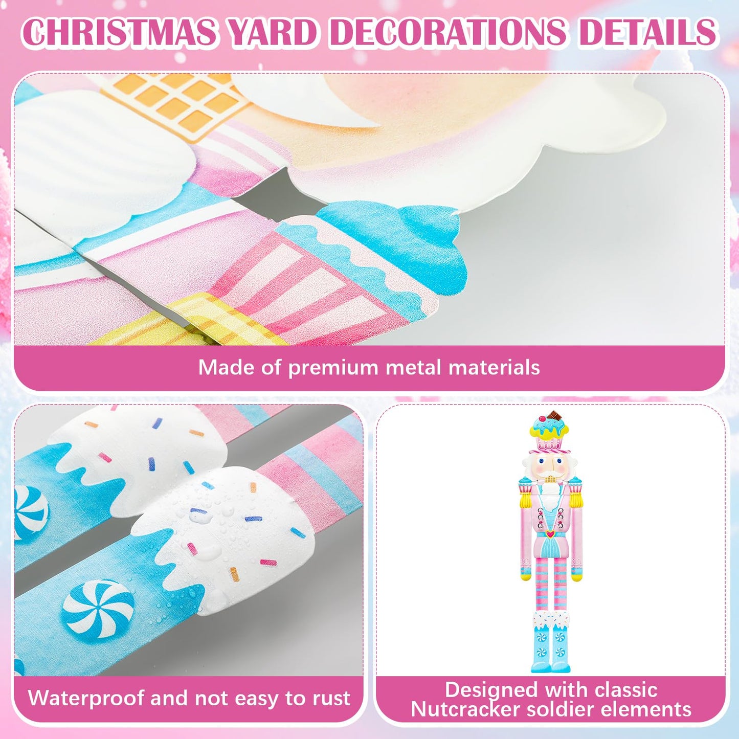 GlikCeil 39'' Outdoor Pre-lit Christmas Pink Nutcracker Yard Sign Candy Cane Theme Yard Nutcracker Large Metal Windproof Rainproof Solar Garden Stake for Xmas Outside Party Patio Home Pathway