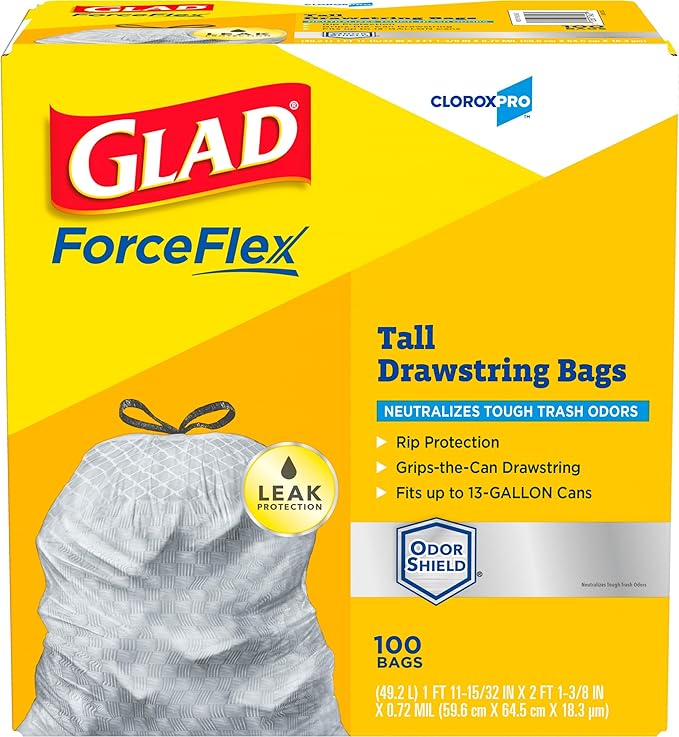 CloroxPro Glad ForceFlex 13 Gallon Tall Kitchen Drawstring Trash Bags, 100 Ct