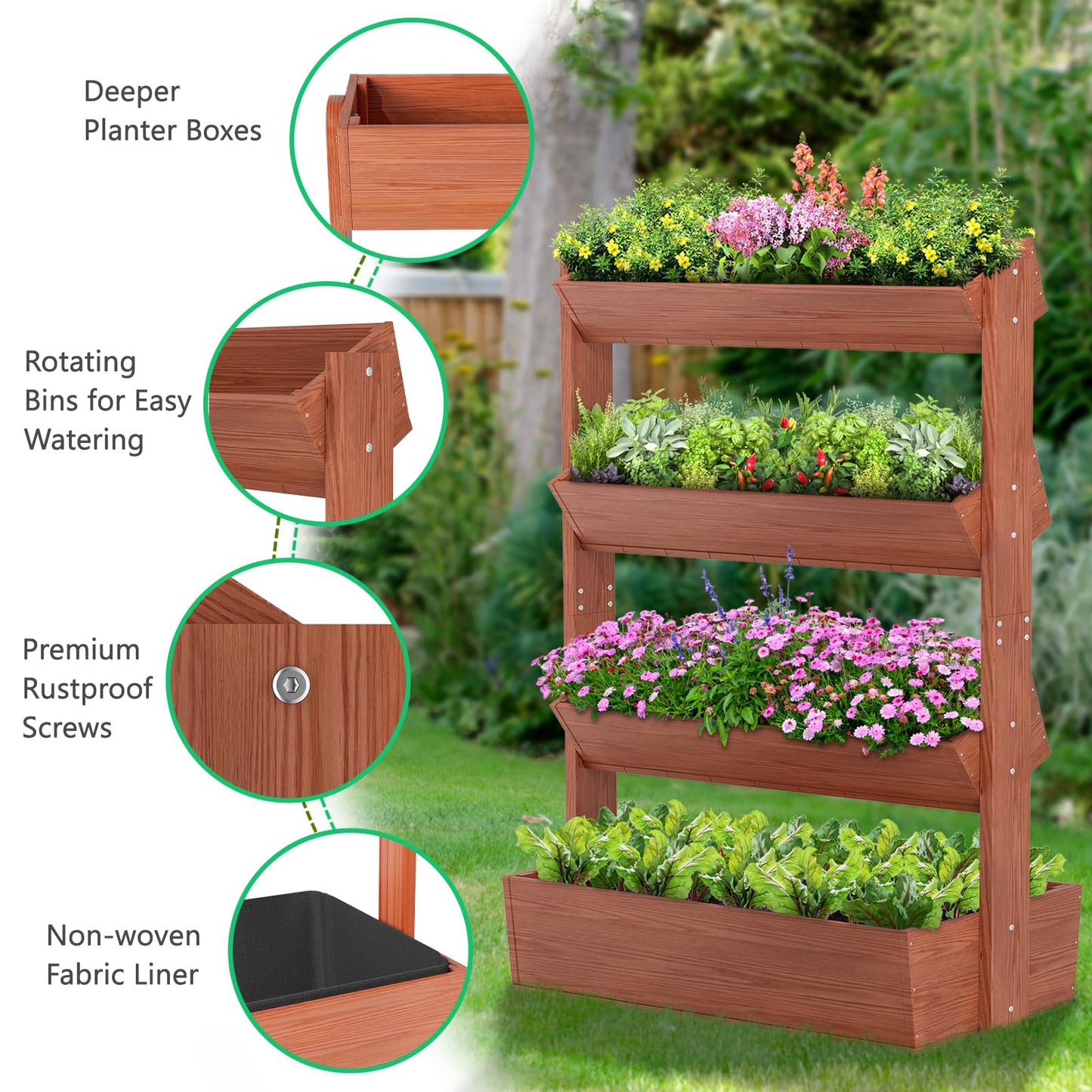 DoCred Vertical Wooden Raised Garden Bed, 4 Tier Garden Planters Freestanding Wood Plant Stand Flower Rack Wooden Planter Box for Plants Herbs Flowers Vegetables Outdoor Indoor Gardening