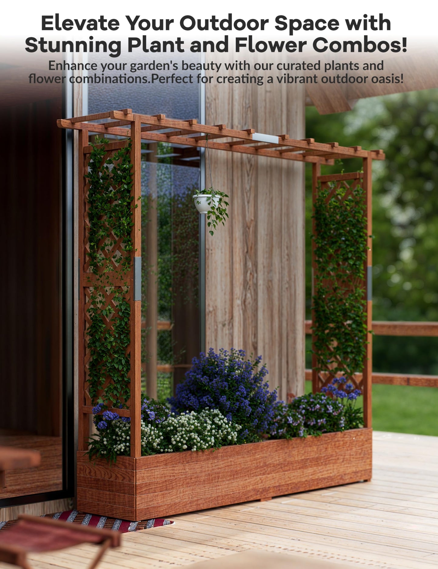 GarveeLife Raised Garden Bed with Trellis, 72 in Wood Planter Box with Side Trellis, Hanging Roof, and 4 Drainage Holes, Freestanding Elevated Garden Bed for Climbing Plants, Vines, Flowers