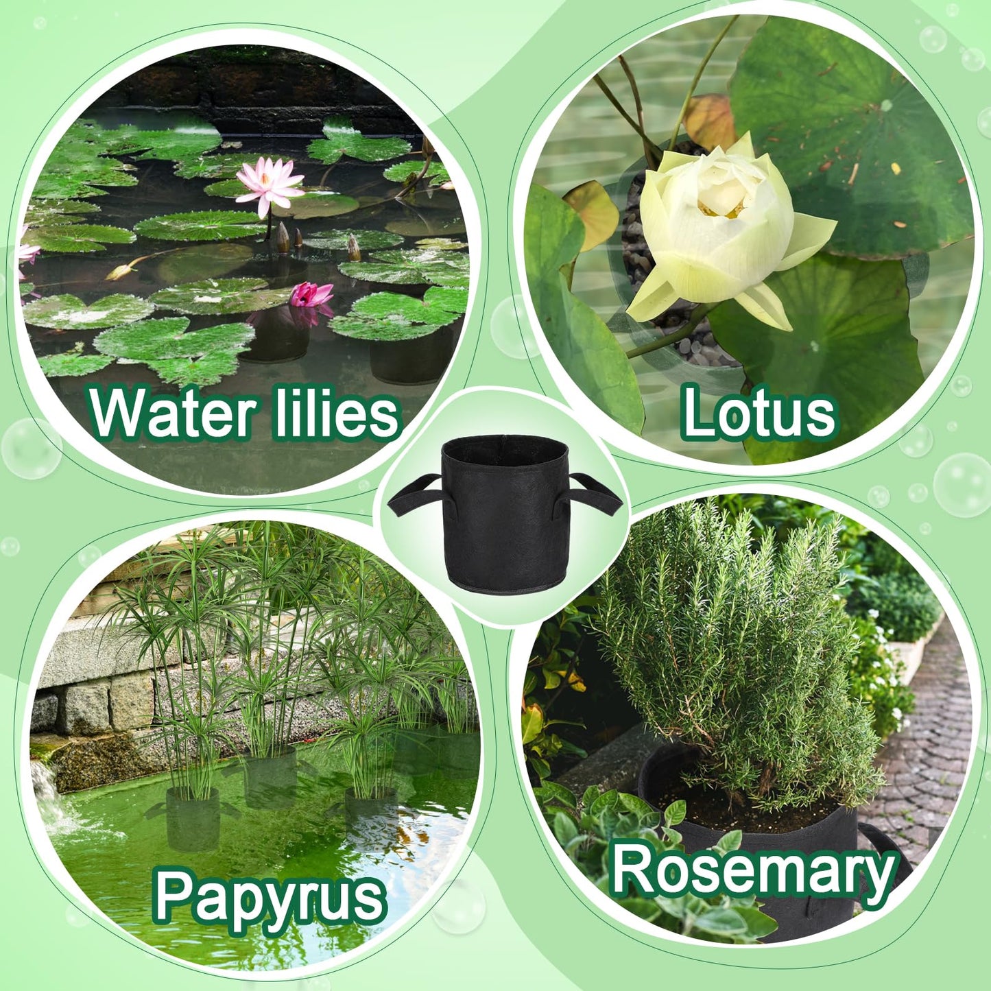 Aulock 8-Pack Lily Grow Bags for Pond - Durable Nonwoven Fabric Plant Pots with Handles, Aquatic Pond Planter for Aquatic Plants Water Lily, Black, (8''x 8''- 1.8 Gallons)