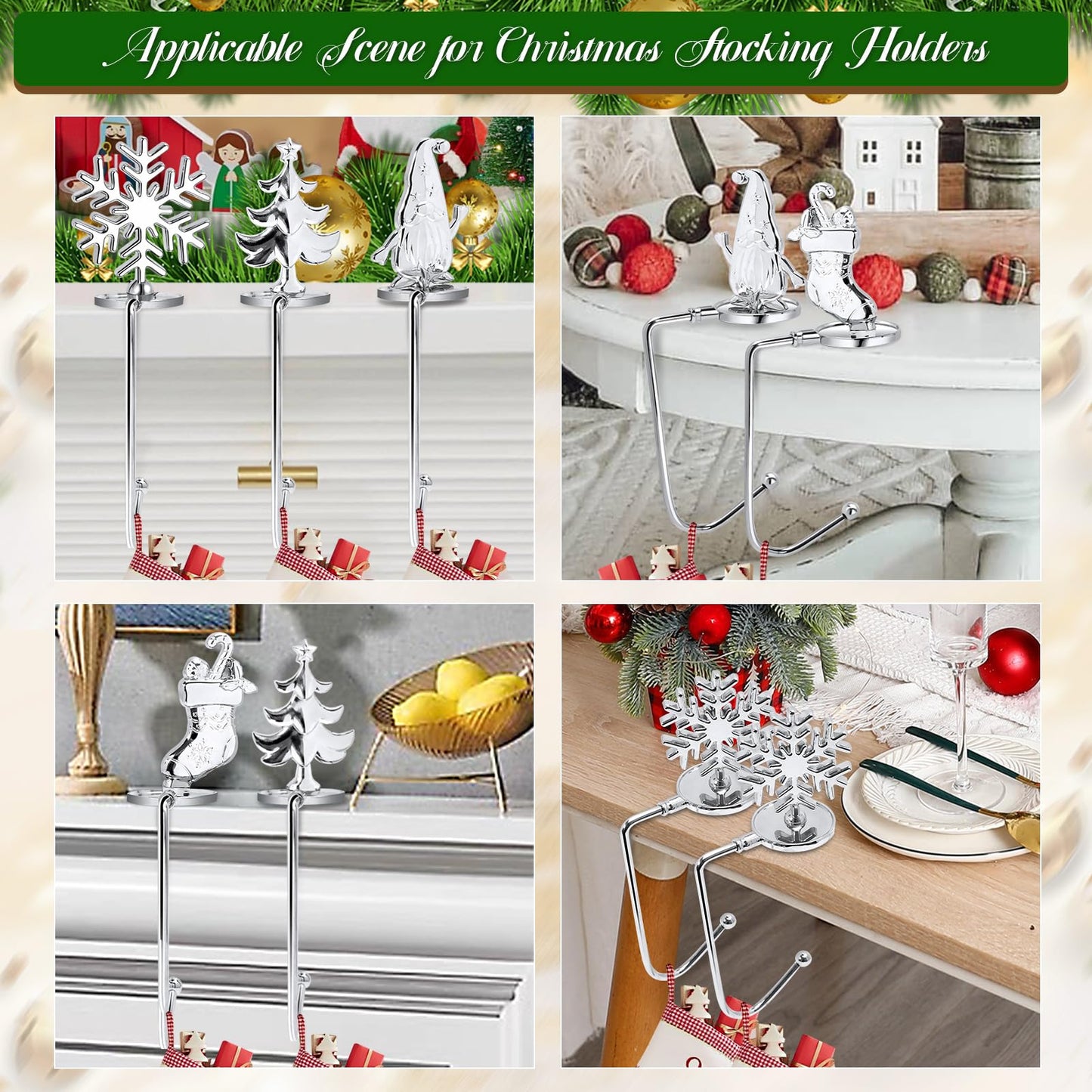 Christmas Stocking Holders for Mantel Set of 8, Non-Slip Adjustable Mantle Stocking Holders, Snowflake Snowman Reindeer Angel Bell Fireplace Stocking Hangers Set for Party Christmas Decorations