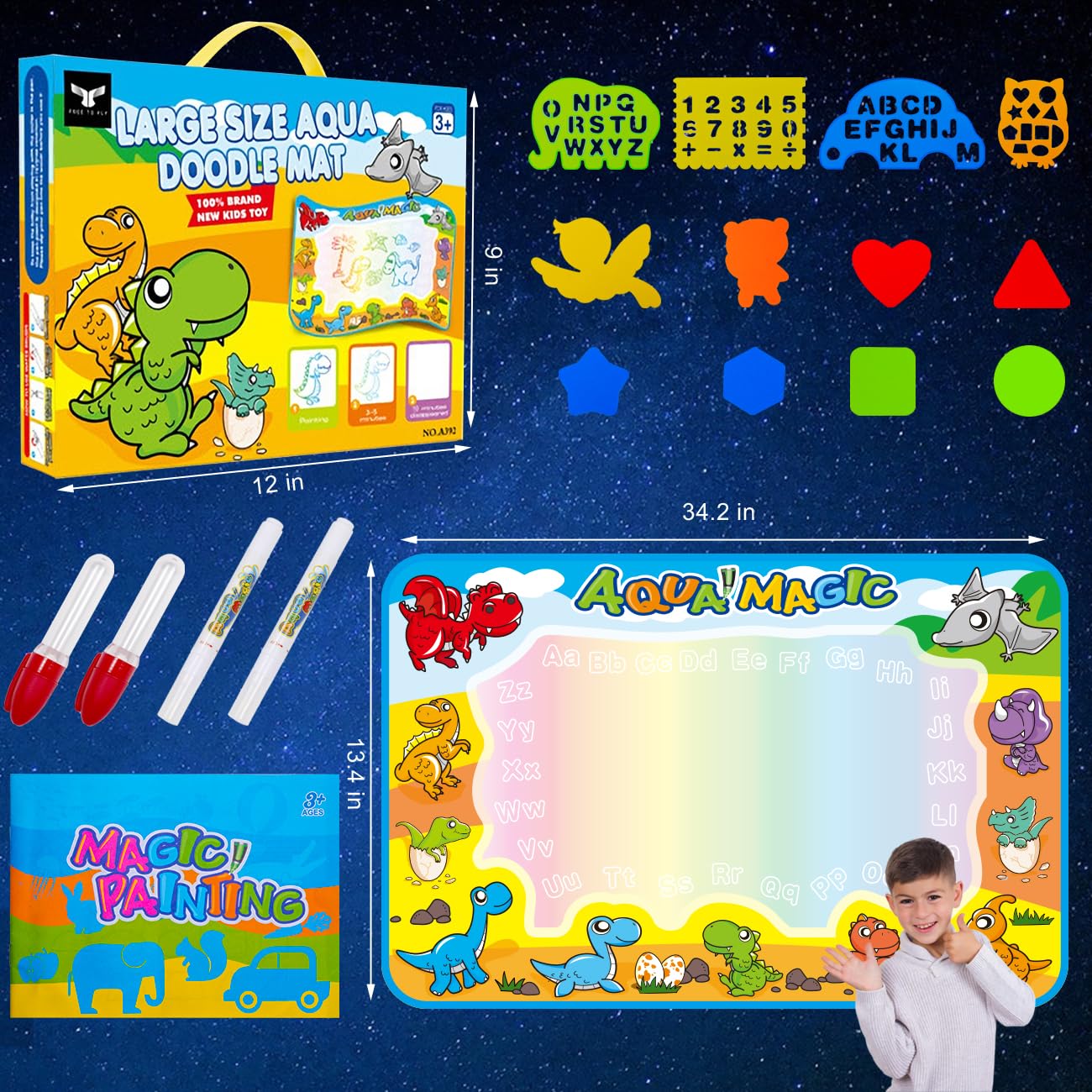 2025 Trending 1-4 Year Old Toddlers Painting Toy Water Doodle Mat for Girls and Boys Dinosaur Coloring Pad for Kids Age 1 2 3 4 Magic Drawing Board Educational Christmas Birthday Gifts for Education