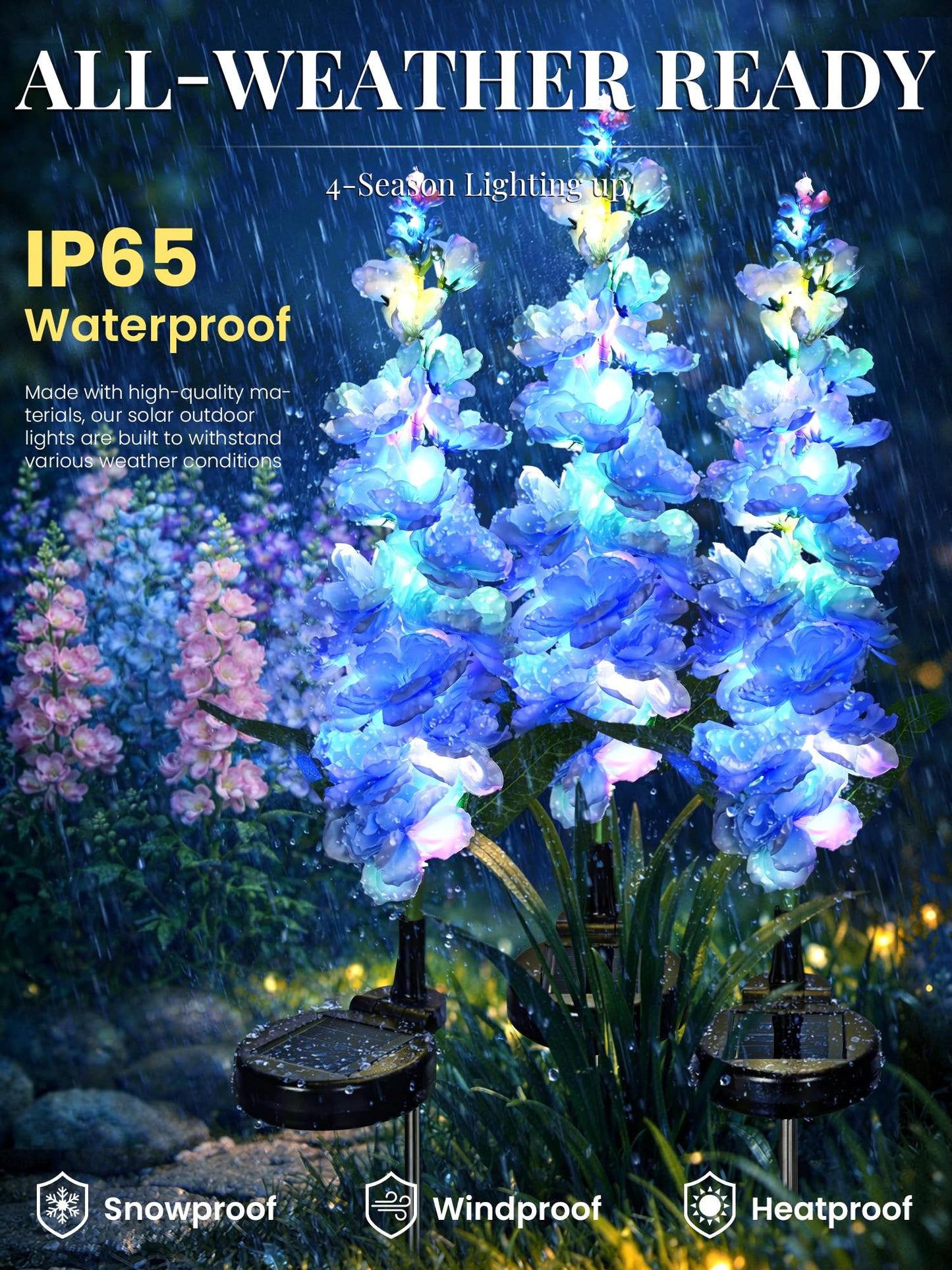 GIGALUMI Solar Lights Outdoor for Garden Decor, 3 Pack Solar Flower Lights Waterproof, 2 Lighting Modes Delphinium for Pathway,Yard, Patio Decoration, Gardening Gifts for Women (Blue)