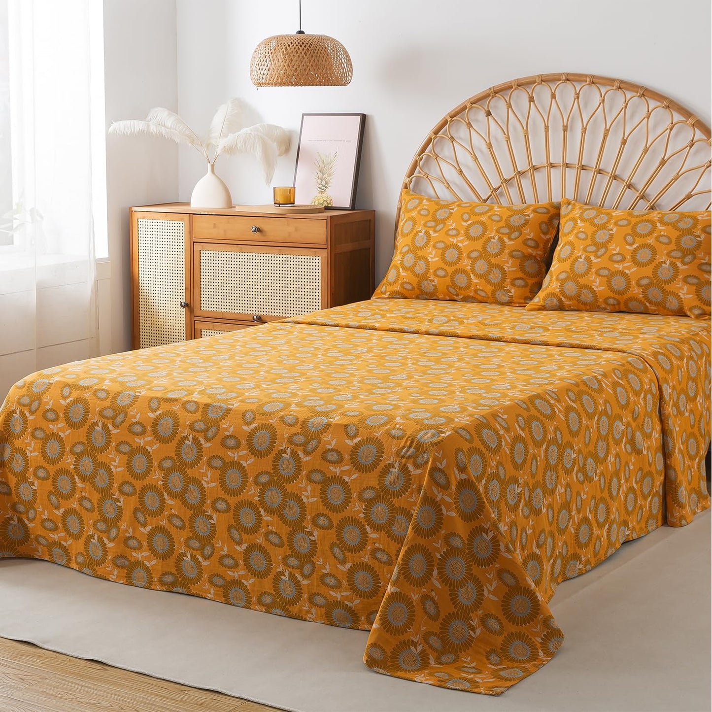 FADFAY Double Gauze 100% Cotton Queen Sheets Set Floral Bed Sheets Deep Pocket Fitted Sheet, Luxury Sunflower Pattern Shabby Vintage Countryside Style Bedding 4Pcs