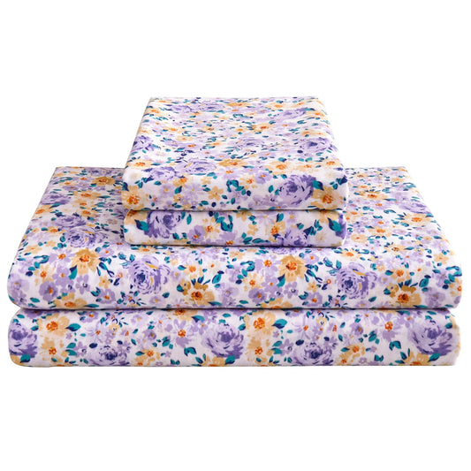 Mooreeke Floral Twin 3 Pieces Bed Sheets, Soft Microfiber Bedding Sheets & Pillowcases, Deep Pocket Non-Slip Vintage Twin Sheet, Purple Yellow Flower Pattern Bedsheets