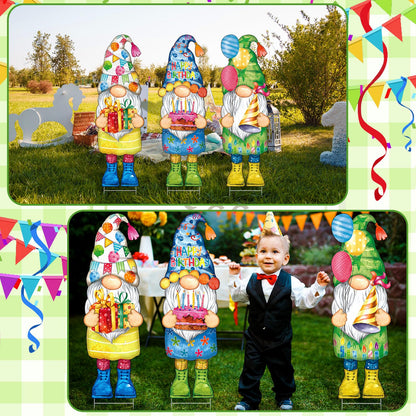 Umigy 3 Pcs 32 x 10 Inch Happy Birthday Yard Decor Outdoor Gnome Sign with Stakes Gift Boxes Cake Balloon Gnome Garden Sign Outdoor Yard Decor for Birthday Party Lawn Decorations