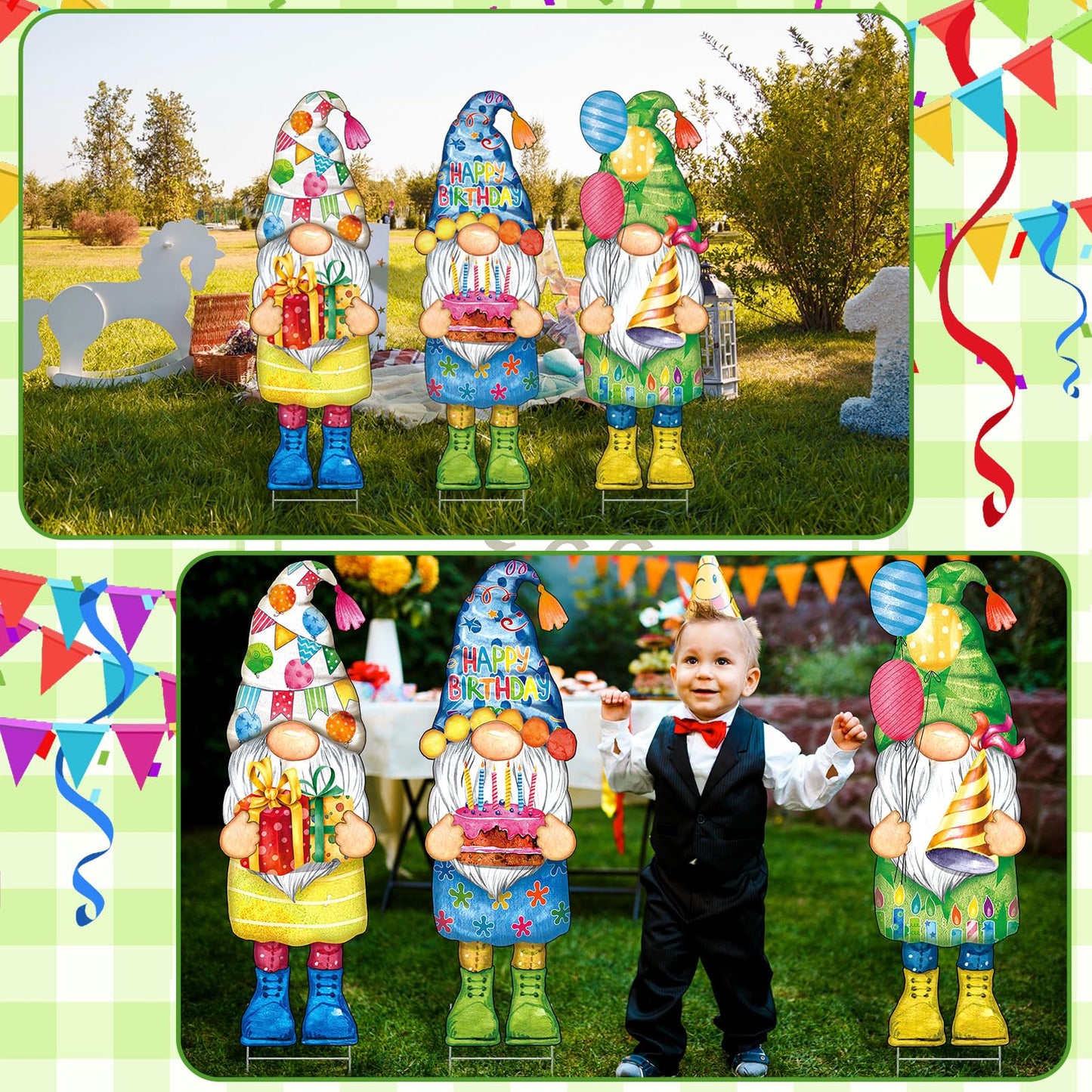 Umigy 3 Pcs 32 x 10 Inch Happy Birthday Yard Decor Outdoor Gnome Sign with Stakes Gift Boxes Cake Balloon Gnome Garden Sign Outdoor Yard Decor for Birthday Party Lawn Decorations