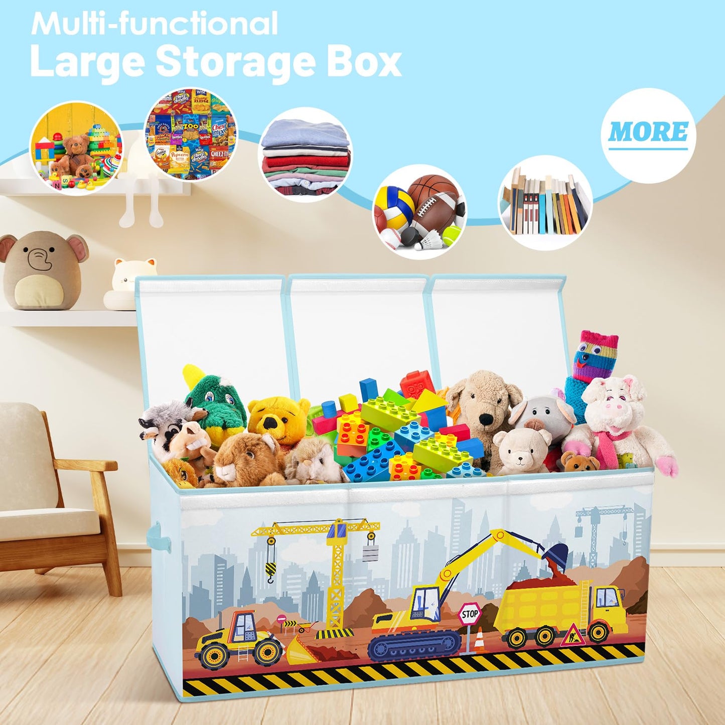 Toy Storage Bin with Lids,Extra Large Toy Box Chest with Handles for Kids Boys Girls,Collapsible Storage Organizer Box Bin Basket for Bedroom,Playroom, Nursery,37.8"x12.6" x15.7",Engineering vehicle