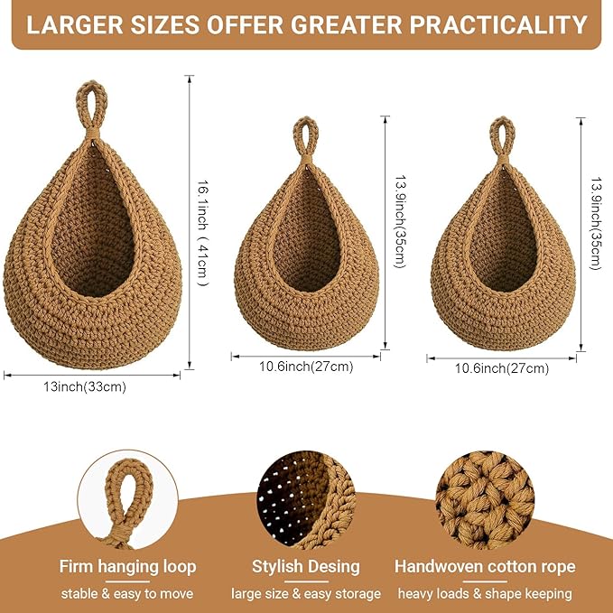 Hanging Fruit Baskets for Kitchen, 3 Pack Boho Cotton Rope Handwoven Vegetable