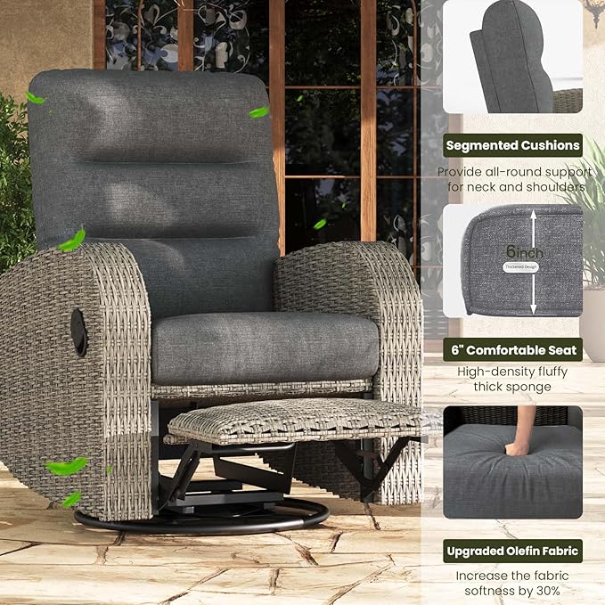 LayinSun Oversized Wicker Outdoor Swivel Glider Recliner with Adjustable Backrest & Footrest, Patio Reclining Lounge Chair