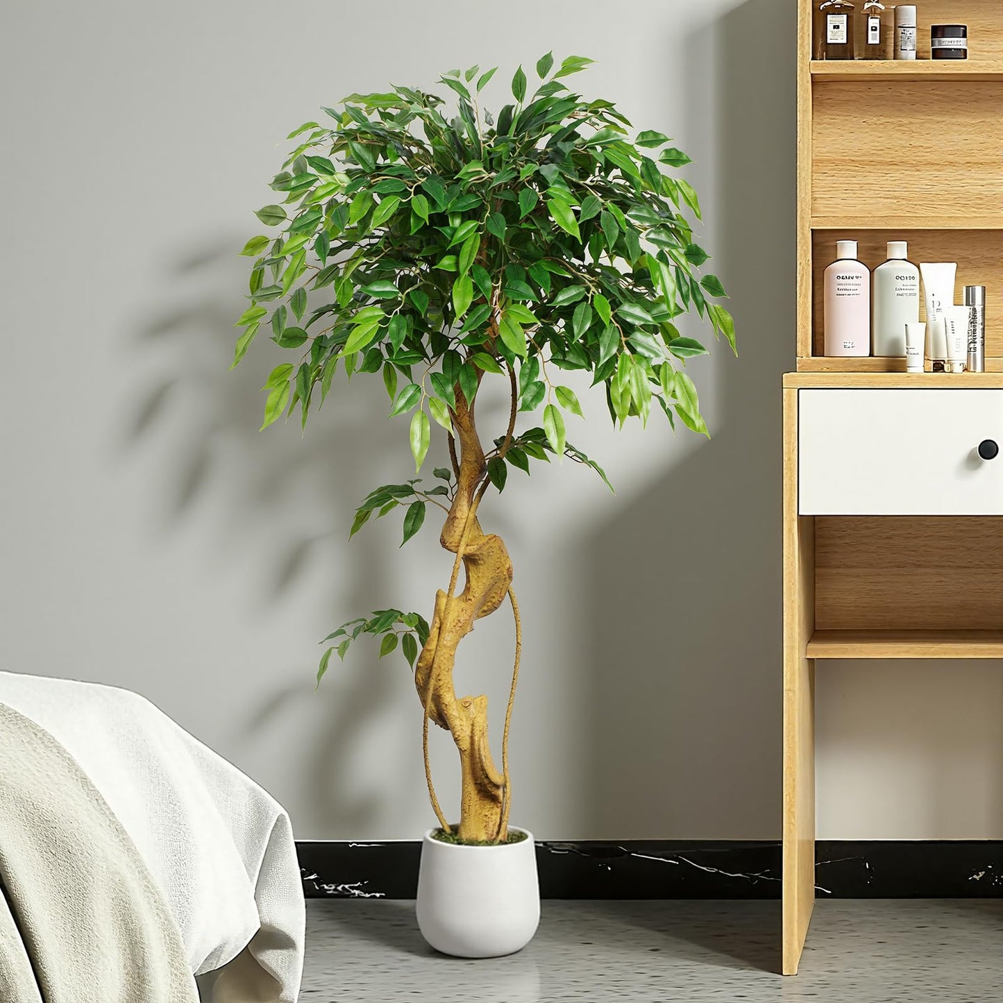 Keeplush 4ft Large Ficus Artificial Trees in White Pot, 48" Tall Fake Silk Tree with Natural Curved Trunk, Lush Faux Ficus Tree for Indoor Home Decor, Living Room, Office & Patio