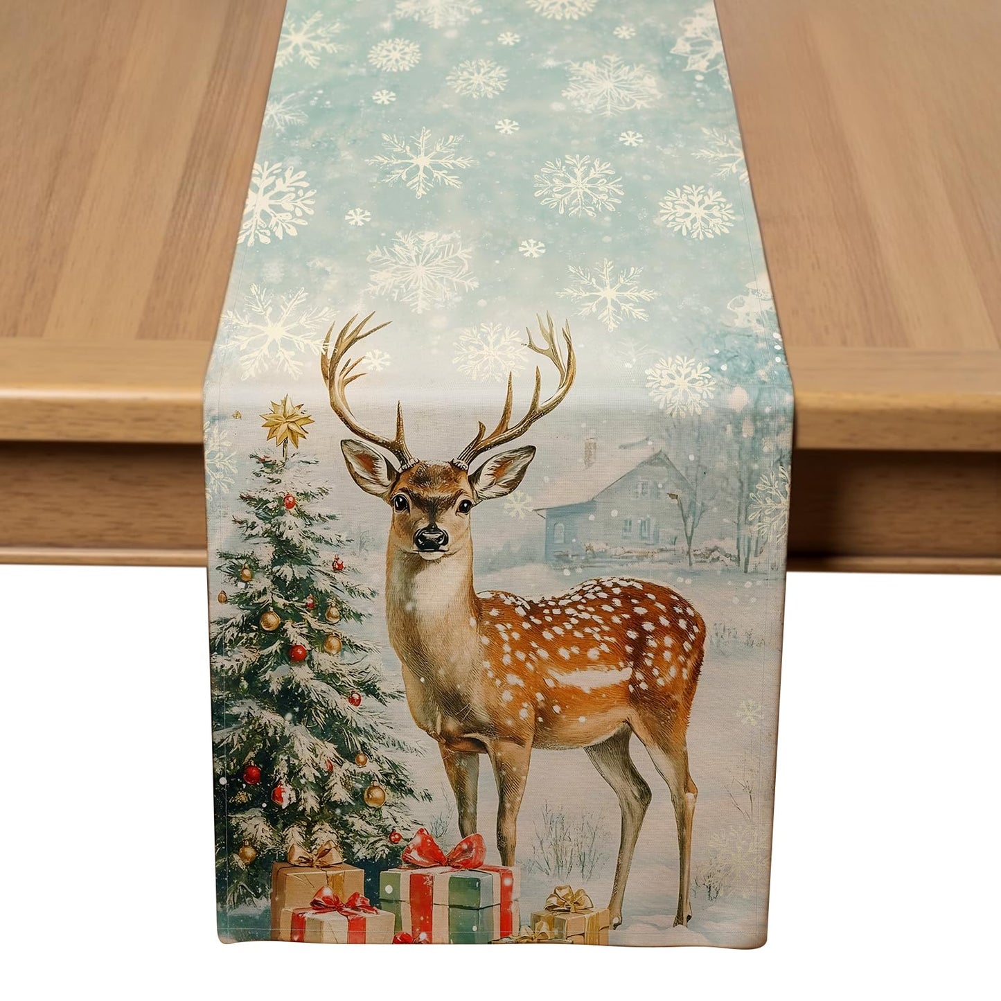 VIV CHERBL Christmas Table Runner with Reindeer, Snowflakes & Christmas Decorations, Table Decoration for Dining Party and Home Decor,36x13 inches
