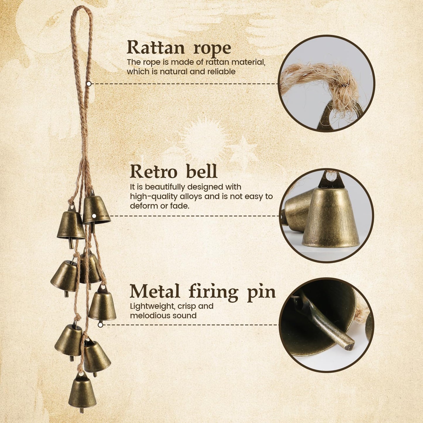 2 Pack Witch Bells for Door Knob Protection Outdoor Bells Small Hanging Bells for Door knob Witches Bells Magic Wind Chimes for Home Protection Witch Bells Kit(Rustic)