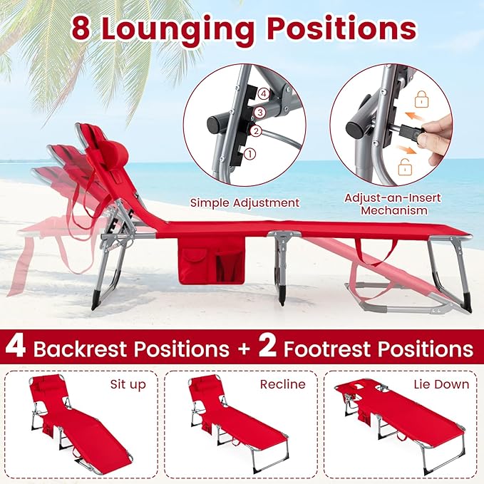 Goplus Tanning Chair, Folding Adjustable Patio Lounger w/Face Arm Holes