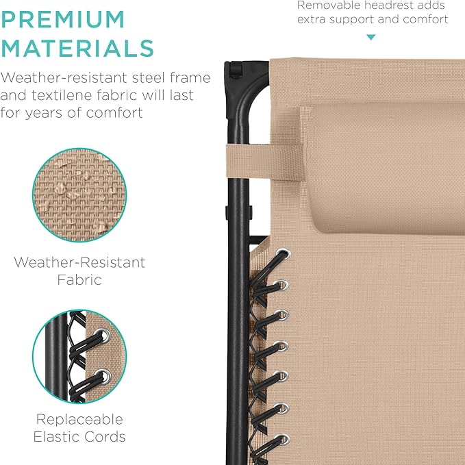 Best Choice Products 30” Wide Folding Zero Gravity Outdoor Recliner Patio Lounge Chair w/Adjustable Canopy Shade, Headrest, Side Accessory Tray - Beige